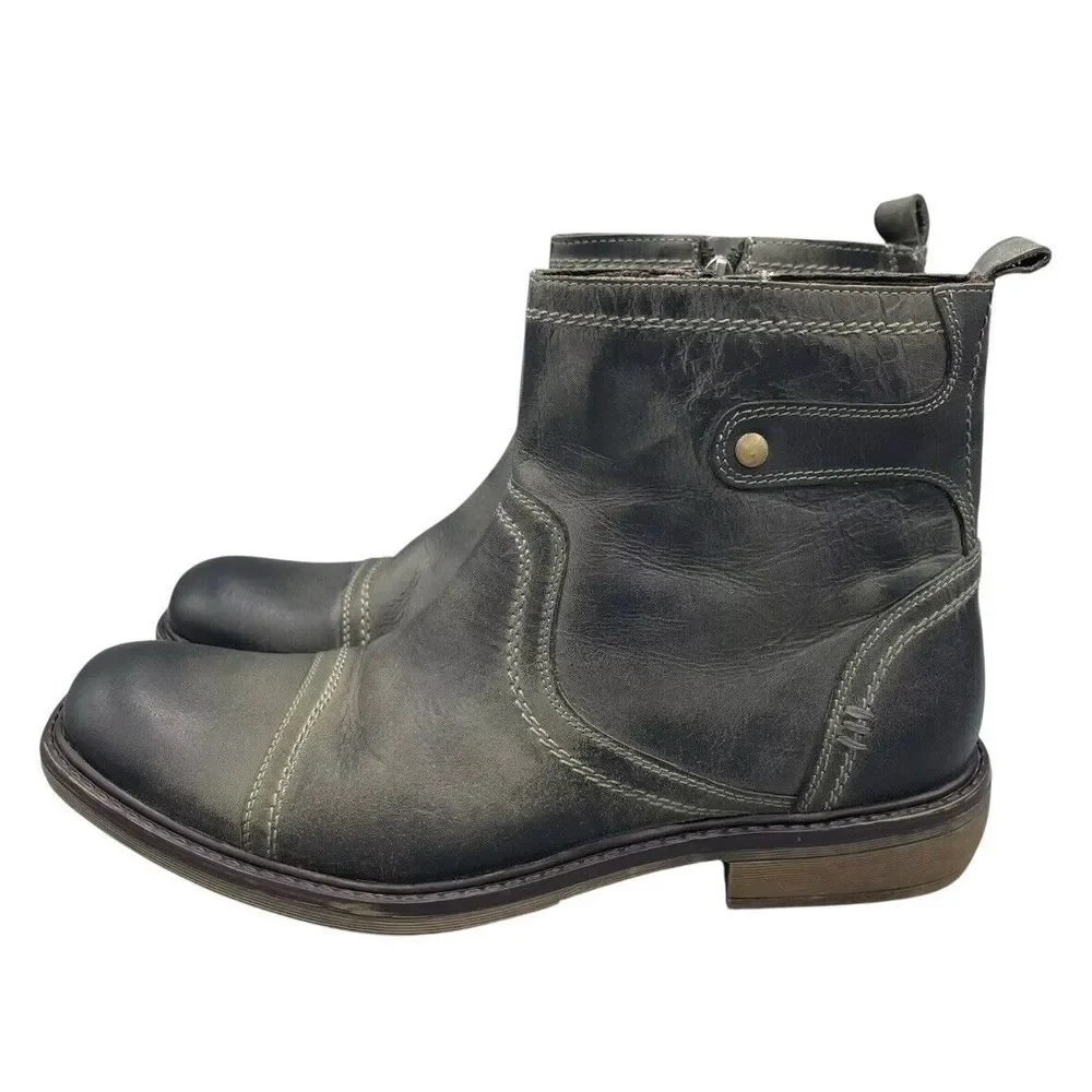 Roan Mens Staad Ankle Boots Black Leather Side Zip Up‎ Cap Toe Studded Size 8.5